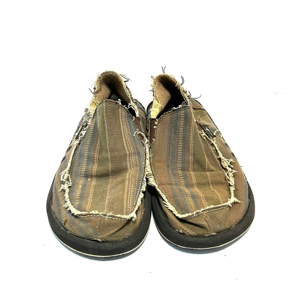Sanuk Donny Dark Brown Vintage Denim Stripe Sidewalk Surfer Mens Size 9 - Picture 2 of 12
